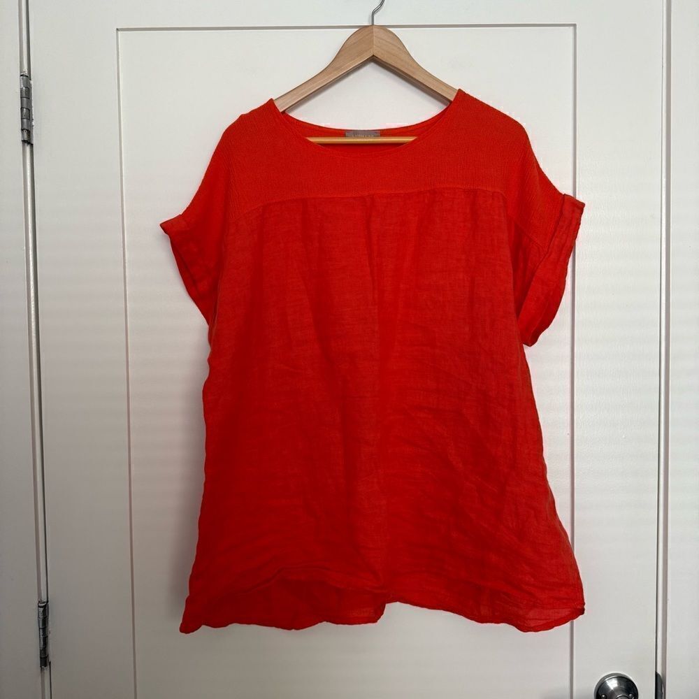 Saiph Lab Blouse Shirt Top Plus 2X Linen Knit Yoke Peasant Boho Solid Orange